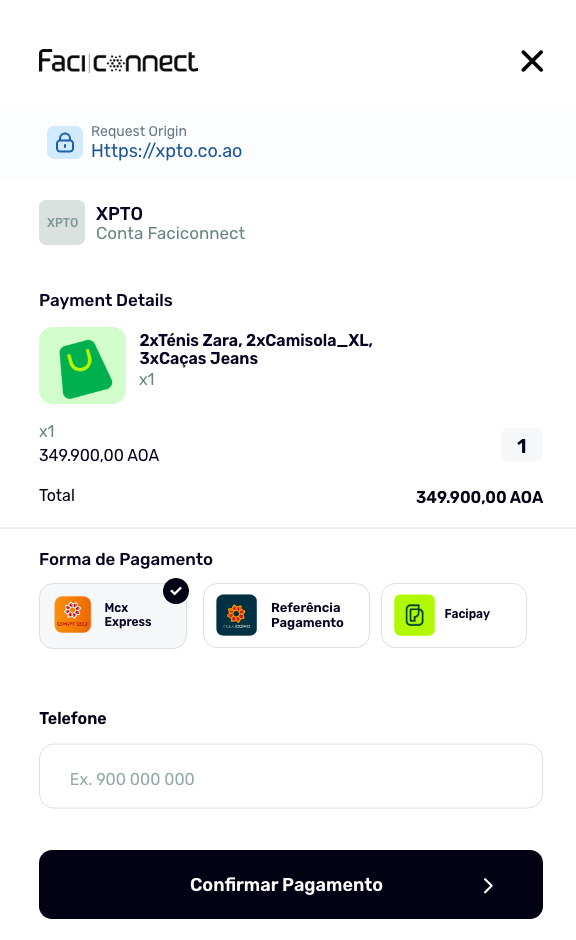 Popup FaciConnect com detalhes do pagamento e formas de pagamento
